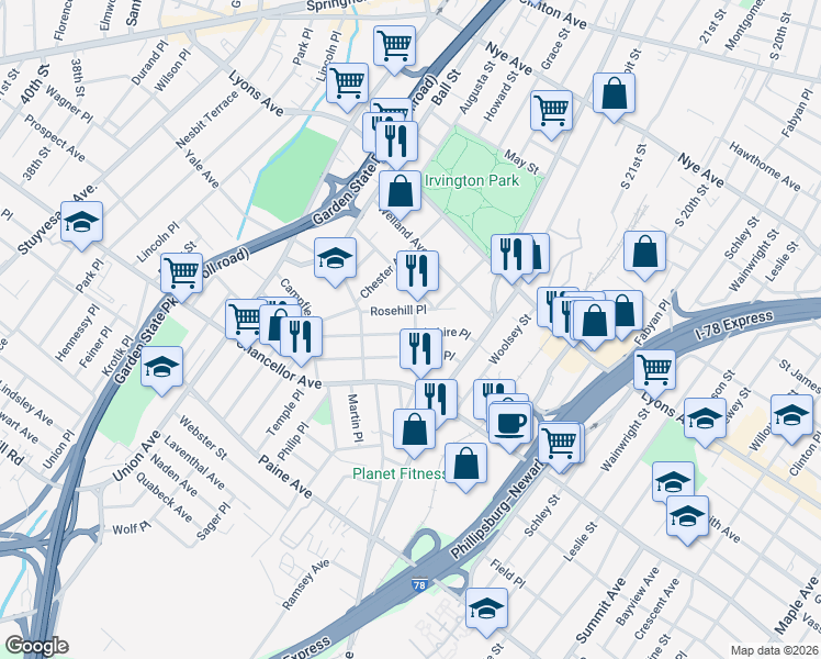 map of restaurants, bars, coffee shops, grocery stores, and more near 11 Norwood Avenue in Irvington