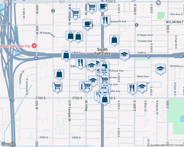 map of restaurants, bars, coffee shops, grocery stores, and more near 2567 Main Street in South Salt Lake