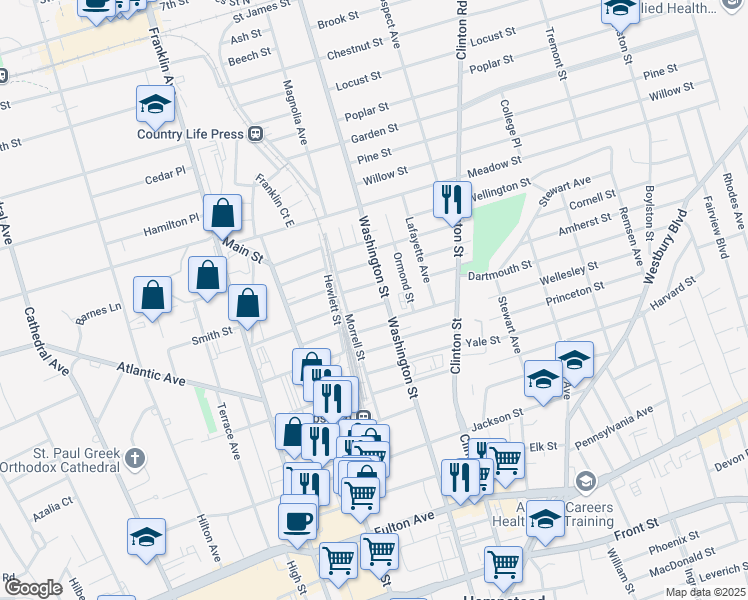 map of restaurants, bars, coffee shops, grocery stores, and more near 31 Morton Avenue in Hempstead