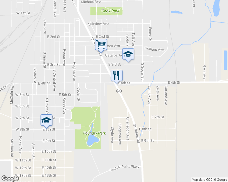 map of restaurants, bars, coffee shops, grocery stores, and more near 1510 Saint Johns Road in Lima
