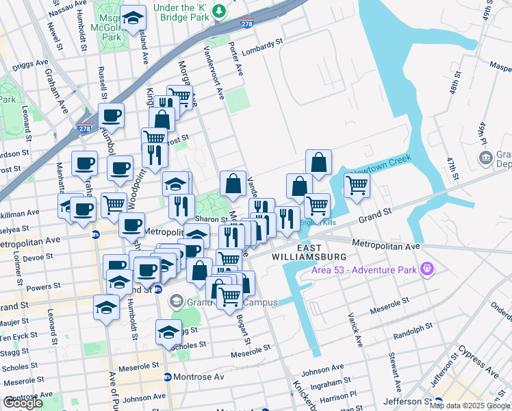 map of restaurants, bars, coffee shops, grocery stores, and more near 307 Vandervoort Avenue in Brooklyn
