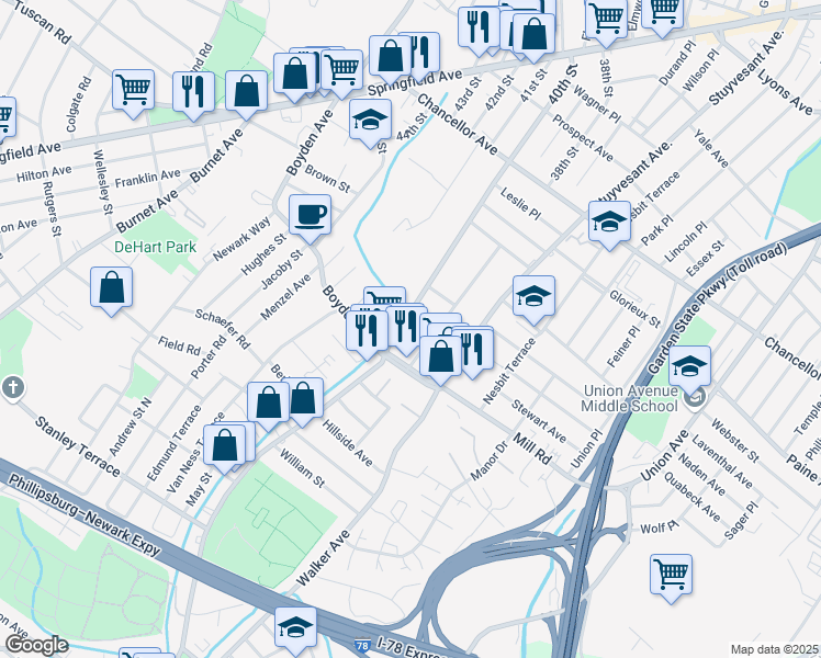 map of restaurants, bars, coffee shops, grocery stores, and more near 262 40th Street in Irvington