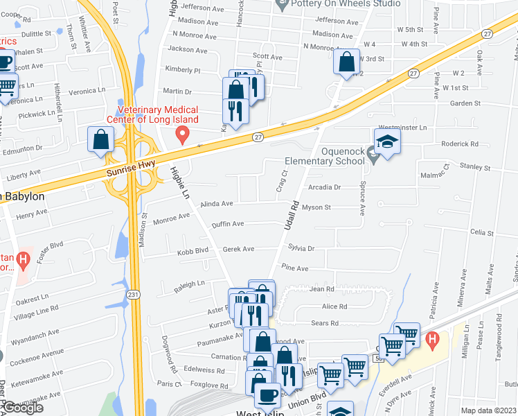 map of restaurants, bars, coffee shops, grocery stores, and more near 64 Alinda Avenue in West Islip