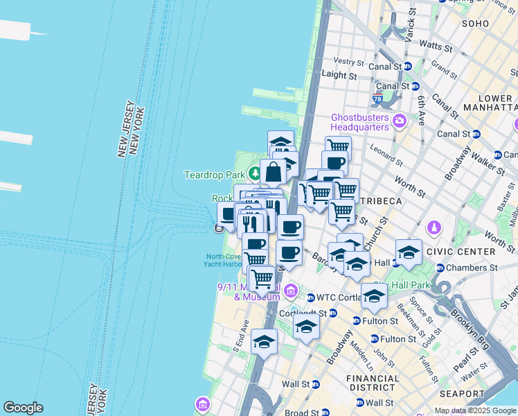 map of restaurants, bars, coffee shops, grocery stores, and more near 221 North End Avenue in New York