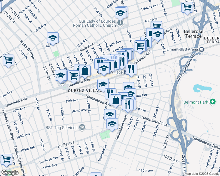 map of restaurants, bars, coffee shops, grocery stores, and more near 98-17 217th Lane in Queens