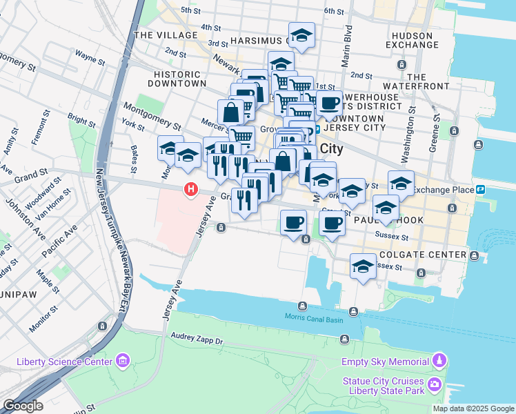 map of restaurants, bars, coffee shops, grocery stores, and more near 120 Tidewater Street in Jersey City