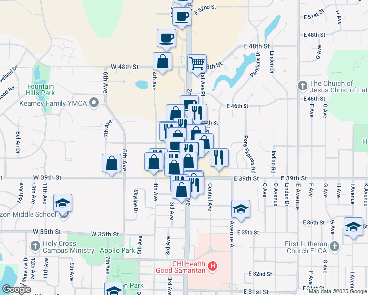map of restaurants, bars, coffee shops, grocery stores, and more near 4116 2nd Avenue in Kearney