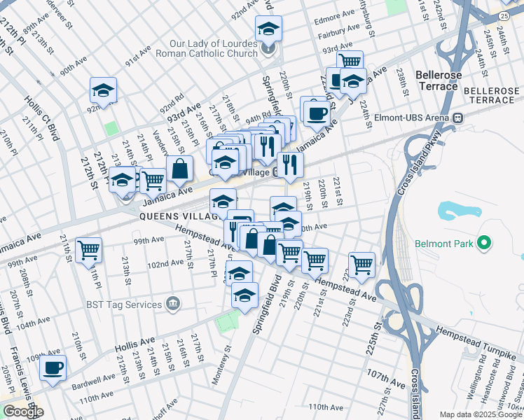 map of restaurants, bars, coffee shops, grocery stores, and more near 218-17 99th Avenue in Queens