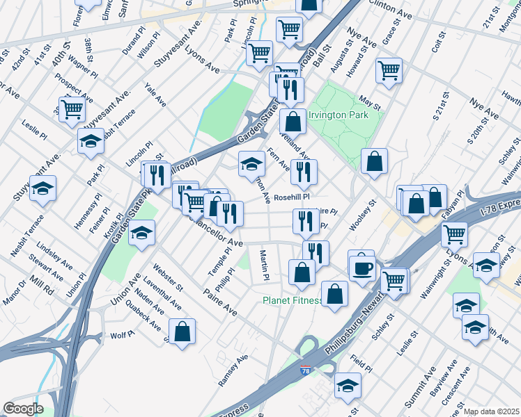 map of restaurants, bars, coffee shops, grocery stores, and more near 106 Berkshire Place in Irvington