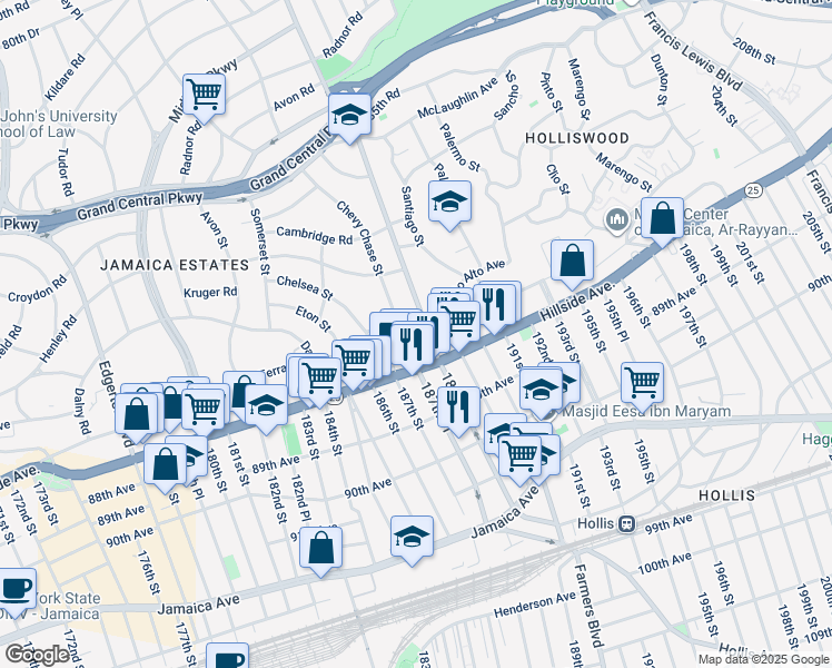 map of restaurants, bars, coffee shops, grocery stores, and more near 18747 Wexford Terrace in Queens