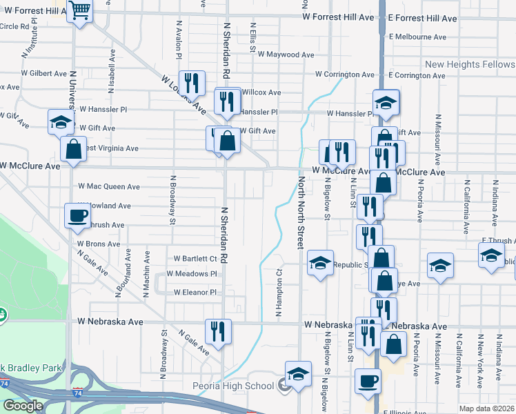map of restaurants, bars, coffee shops, grocery stores, and more near 2312 North Flora Avenue in Peoria