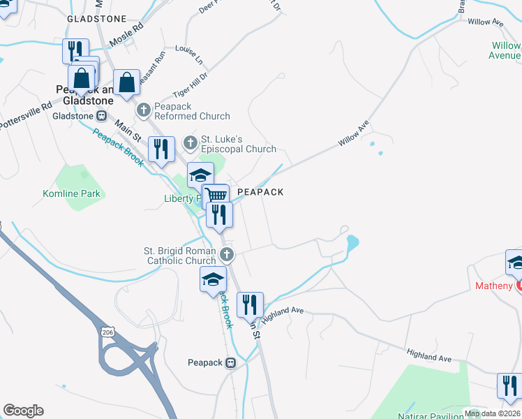 map of restaurants, bars, coffee shops, grocery stores, and more near 15 Tainter Street in Peapack