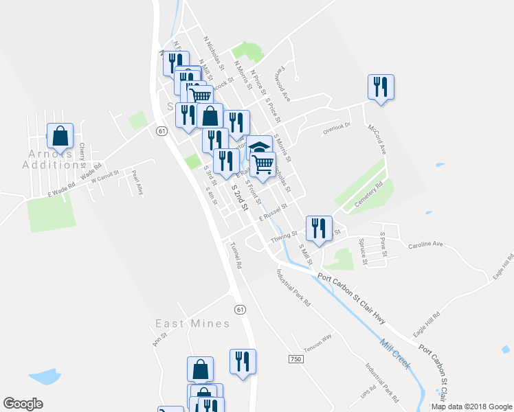 map of restaurants, bars, coffee shops, grocery stores, and more near 310 South Front Street in Saint Clair