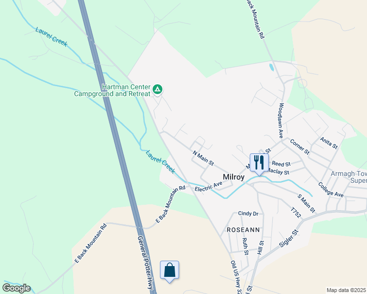 map of restaurants, bars, coffee shops, grocery stores, and more near 84 North Main Street in Milroy