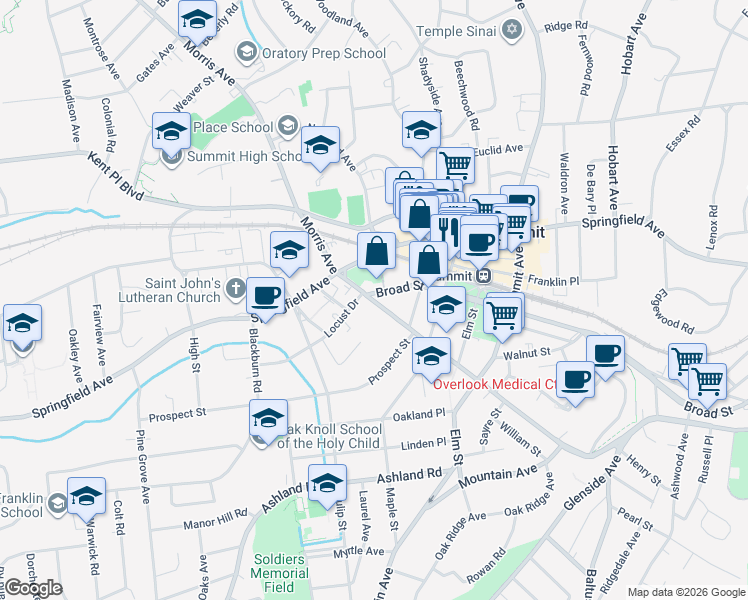 map of restaurants, bars, coffee shops, grocery stores, and more near 306 Morris Avenue in Summit