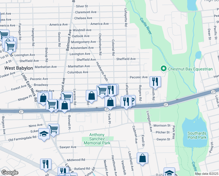 map of restaurants, bars, coffee shops, grocery stores, and more near 54 Hubbards Path in West Babylon