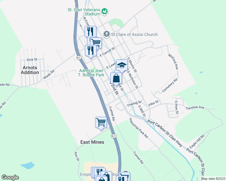 map of restaurants, bars, coffee shops, grocery stores, and more near 246 South 2nd Street in Saint Clair