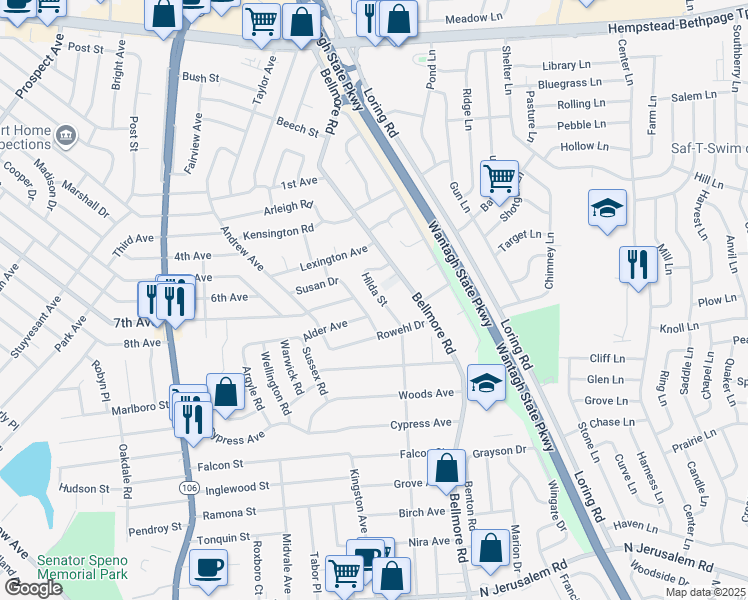 map of restaurants, bars, coffee shops, grocery stores, and more near 312 Hilda Street in East Meadow
