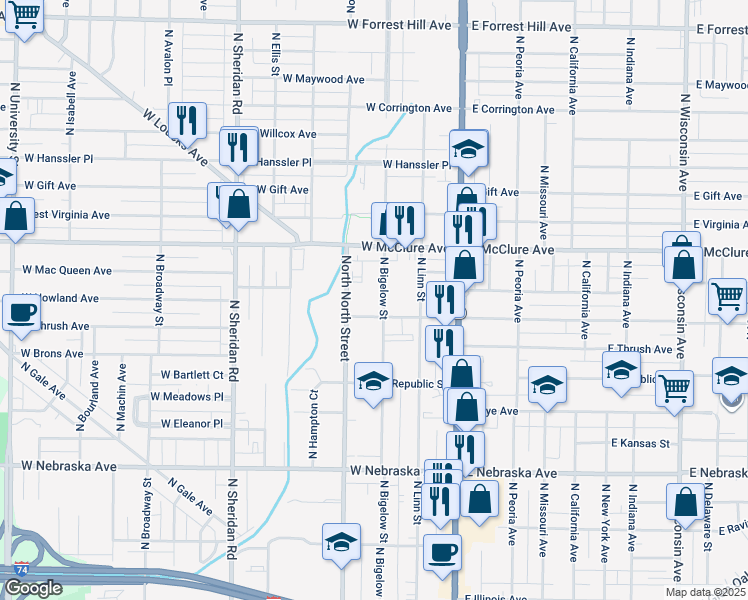 map of restaurants, bars, coffee shops, grocery stores, and more near 2314 North North Street in Peoria