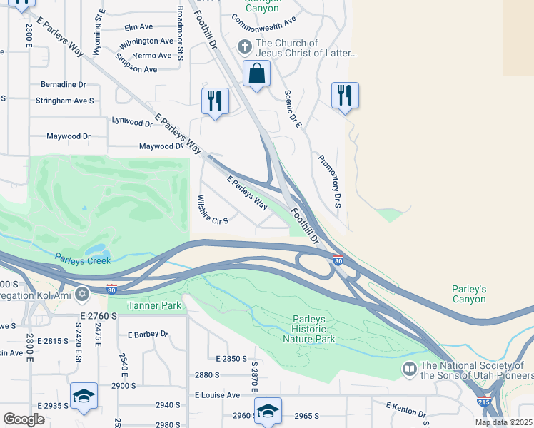 map of restaurants, bars, coffee shops, grocery stores, and more near 2534 Pasadena Street in Salt Lake City