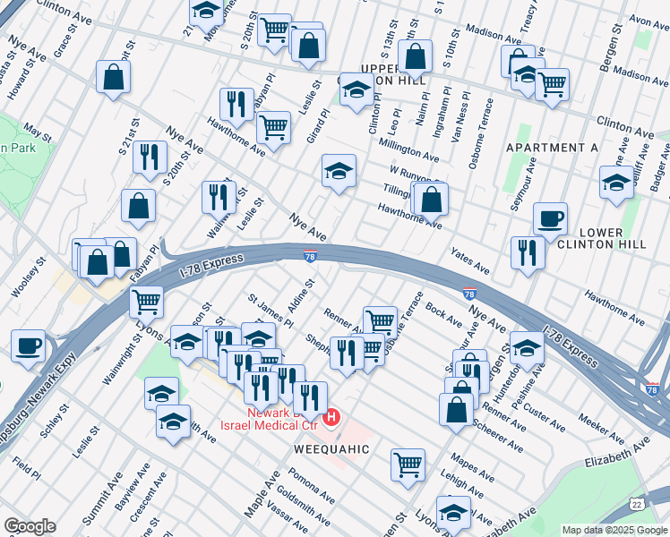 map of restaurants, bars, coffee shops, grocery stores, and more near 69 Wolcott Terrace in Newark