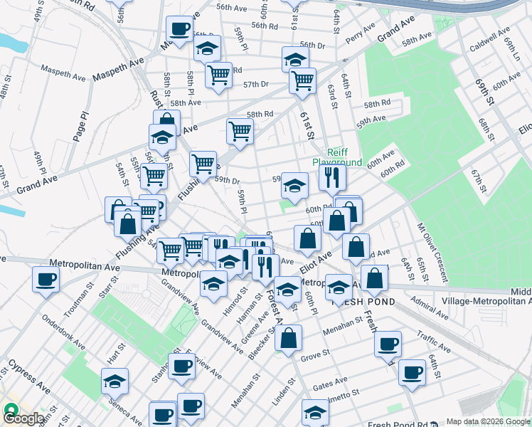 map of restaurants, bars, coffee shops, grocery stores, and more near 60-14 60th Street in Queens