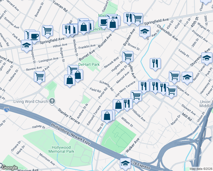 map of restaurants, bars, coffee shops, grocery stores, and more near 35 Schaefer Road in Maplewood