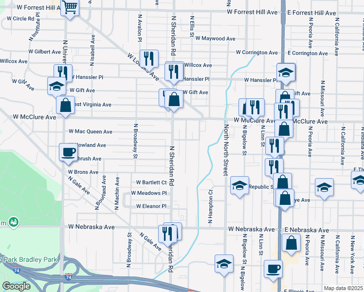 map of restaurants, bars, coffee shops, grocery stores, and more near 2313 North Ellis Street in Peoria