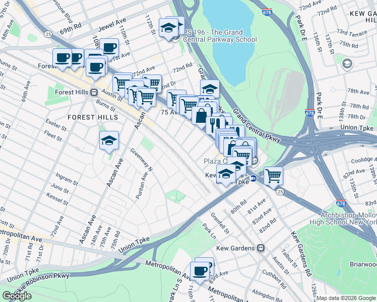 map of restaurants, bars, coffee shops, grocery stores, and more near 111-20 76th Road in Queens