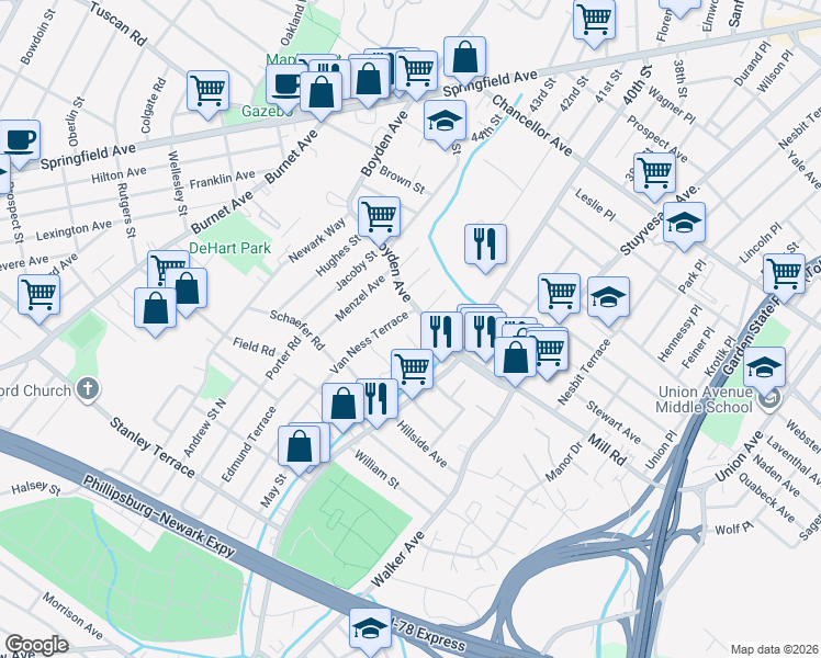map of restaurants, bars, coffee shops, grocery stores, and more near 25 Evelyn Court in Maplewood