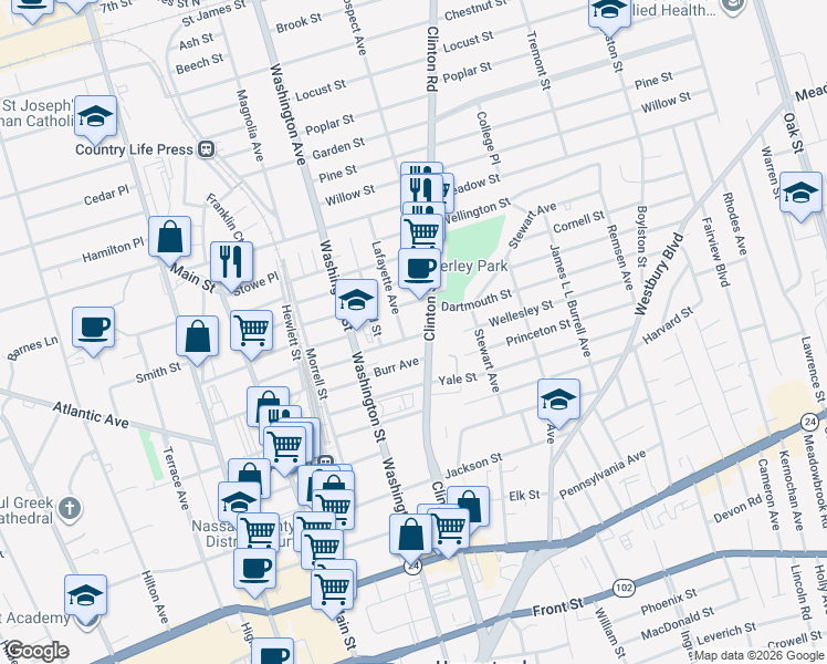 map of restaurants, bars, coffee shops, grocery stores, and more near 105 Vancott Avenue in Hempstead