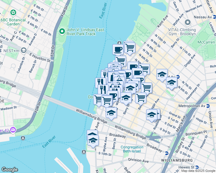 map of restaurants, bars, coffee shops, grocery stores, and more near 260 Kent Avenue in Brooklyn