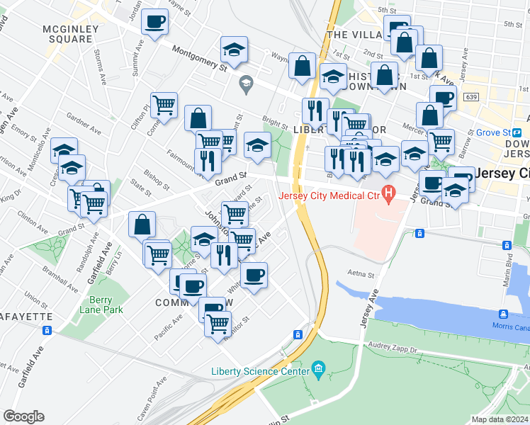 map of restaurants, bars, coffee shops, grocery stores, and more near 451/2 Halladay Street in Jersey City