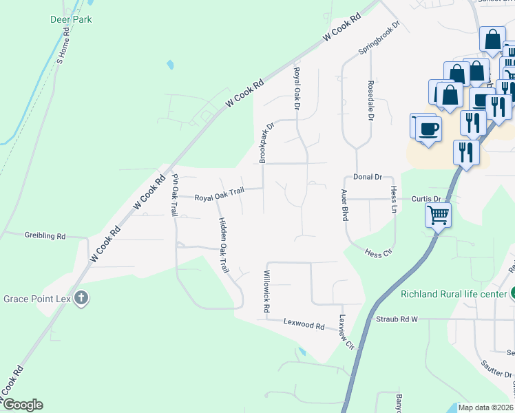 map of restaurants, bars, coffee shops, grocery stores, and more near 1610 Brookpark Drive in Mansfield