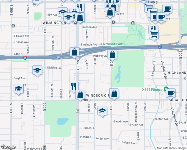map of restaurants, bars, coffee shops, grocery stores, and more near 2506 800 East in Salt Lake City
