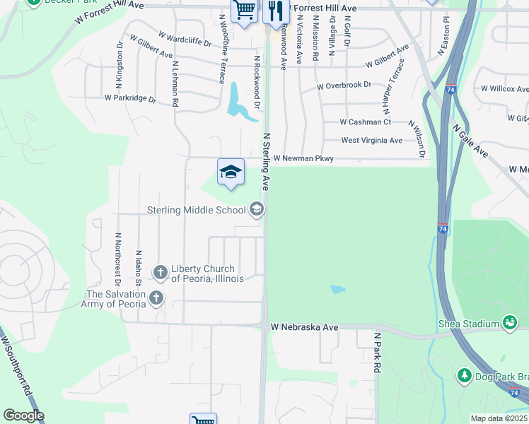 map of restaurants, bars, coffee shops, grocery stores, and more near 2315 North Sterling Avenue in Peoria