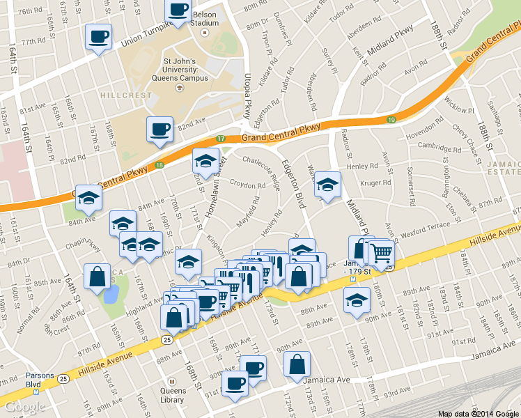 map of restaurants, bars, coffee shops, grocery stores, and more near 175-16 Mayfield Road in Queens
