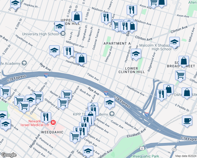 map of restaurants, bars, coffee shops, grocery stores, and more near 275-277 Seymour Avenue in Newark