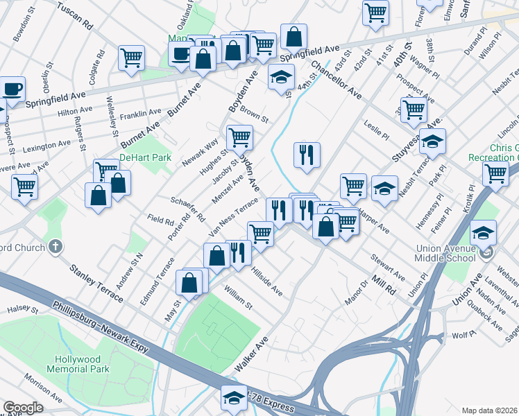 map of restaurants, bars, coffee shops, grocery stores, and more near 25 Evelyn Court in Maplewood