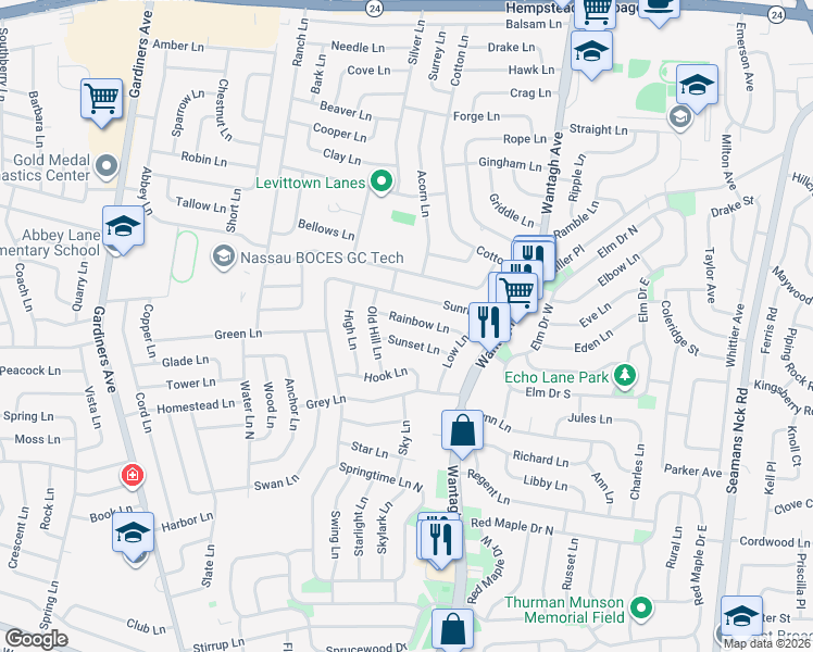 map of restaurants, bars, coffee shops, grocery stores, and more near 18 Rainbow Lane in Levittown
