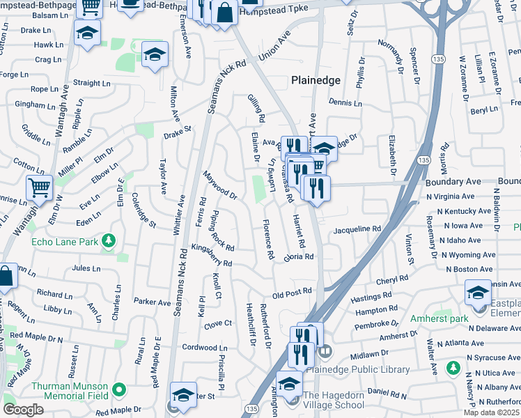 map of restaurants, bars, coffee shops, grocery stores, and more near 4206 Florence Road in Bethpage