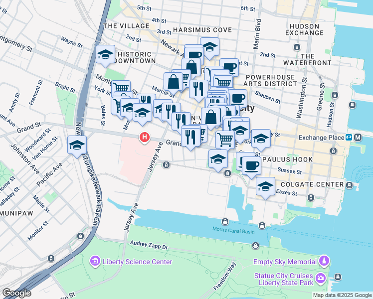 map of restaurants, bars, coffee shops, grocery stores, and more near 111 Liberty View Drive in Jersey City