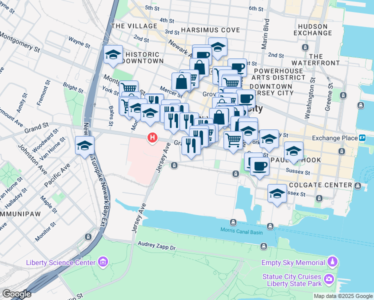 map of restaurants, bars, coffee shops, grocery stores, and more near 111 Liberty View Drive in Jersey City