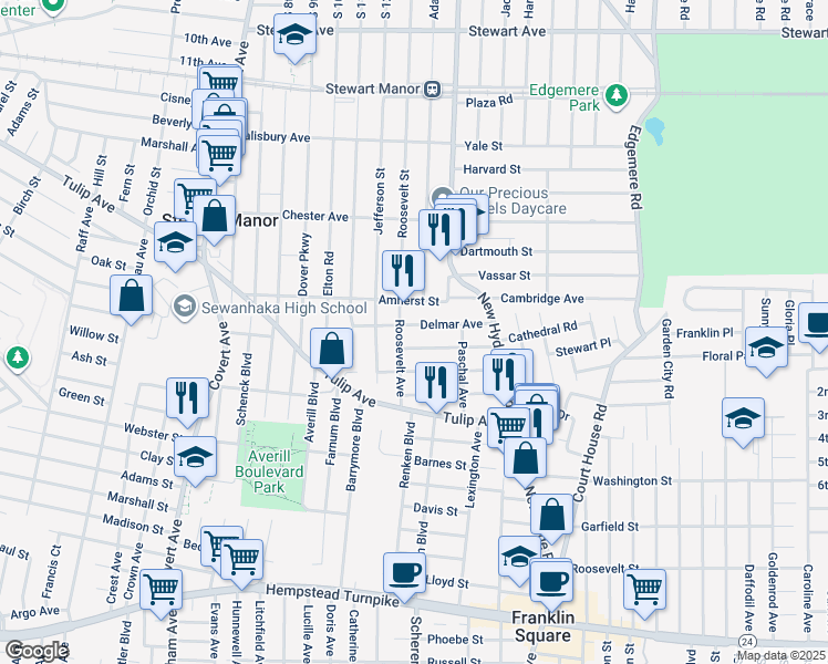 map of restaurants, bars, coffee shops, grocery stores, and more near 1131 Delmar Avenue in Franklin Square