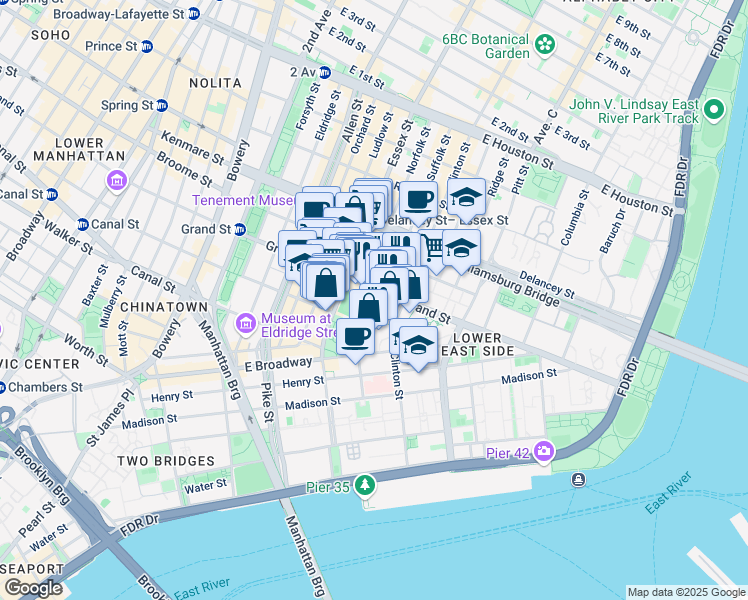map of restaurants, bars, coffee shops, grocery stores, and more near 411 Grand Street in New York