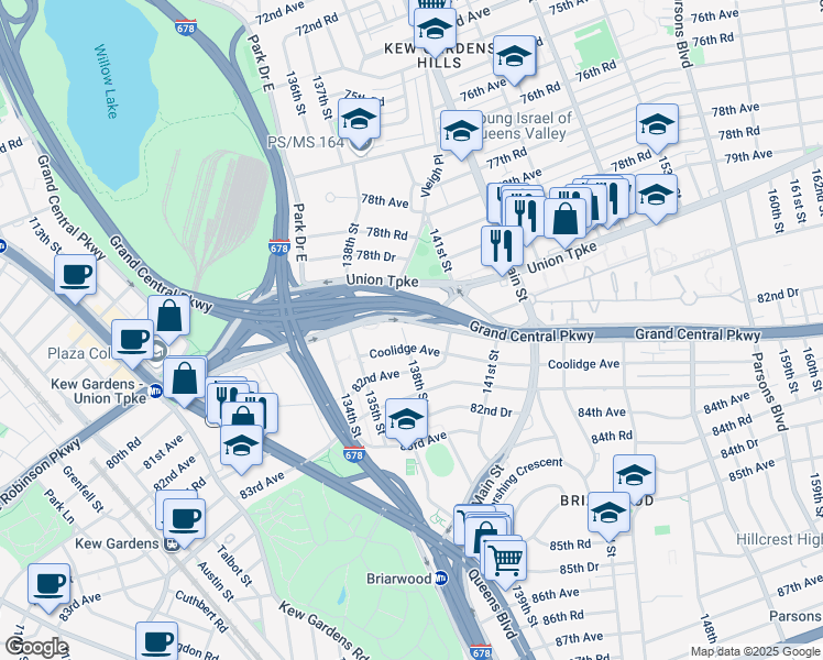 map of restaurants, bars, coffee shops, grocery stores, and more near 80-23 138th Street in Queens