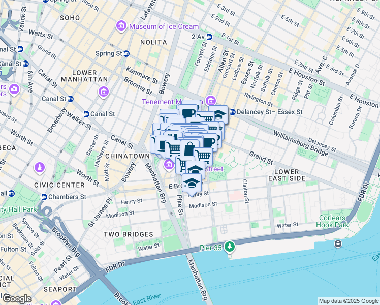 map of restaurants, bars, coffee shops, grocery stores, and more near 122 Hester Street in New York