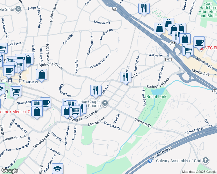 map of restaurants, bars, coffee shops, grocery stores, and more near 12 Park Avenue in Summit