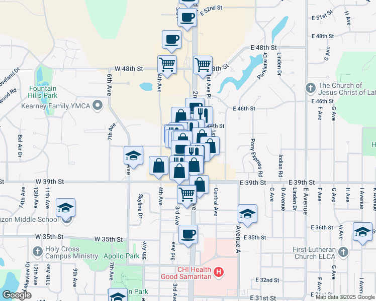 map of restaurants, bars, coffee shops, grocery stores, and more near 4116 2nd Avenue in Kearney