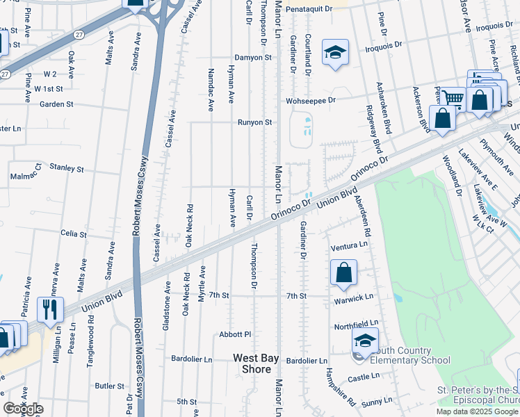 map of restaurants, bars, coffee shops, grocery stores, and more near 1006 Thompson Drive in Bay Shore